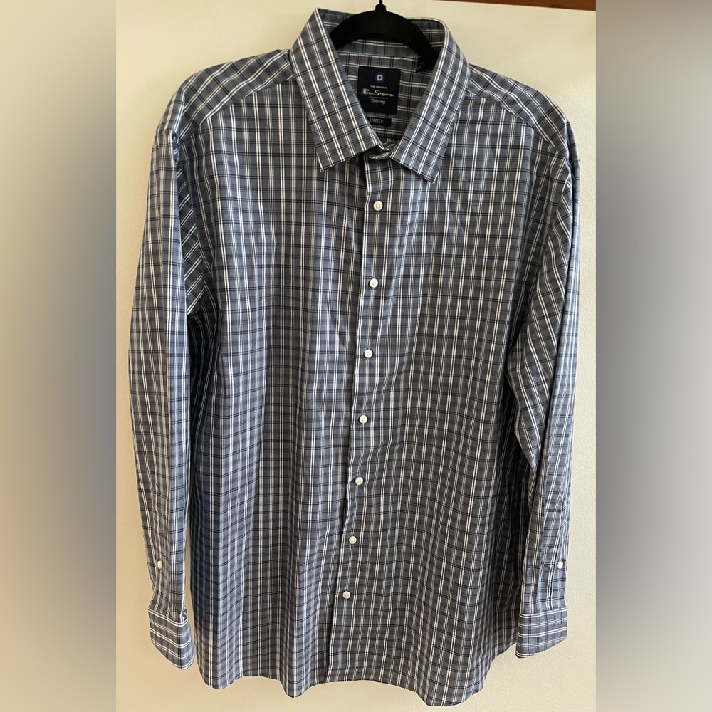 Ben Sherman Mens Blue Plaid Tailored Long Sleeve Button-Up Shirt XL 17-17 1/2
